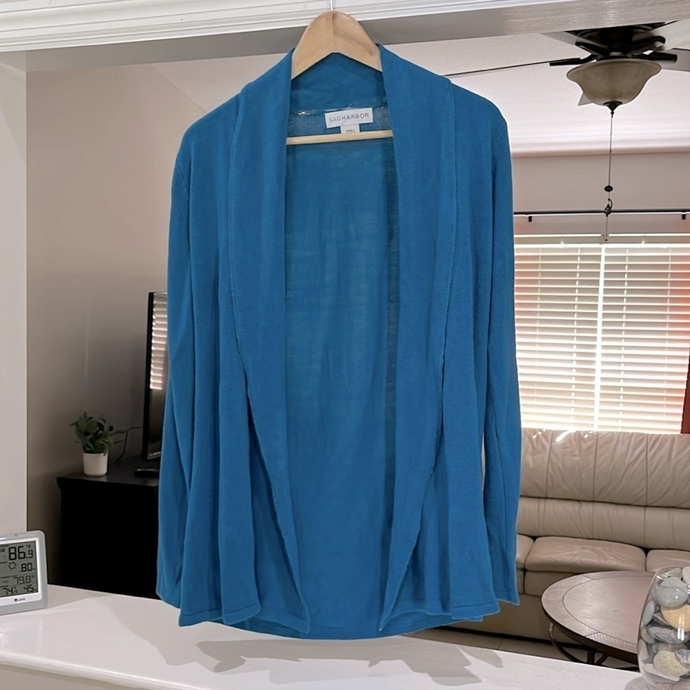 NWT Sag Harbor Women’s Long Sleeve Open Cardigan Sweater Size S Peacock Blue